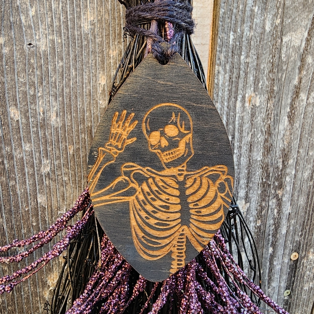Halloween Witches Broomstick With Skeleton And Purple Glitter Accents - Picture 3 of 5